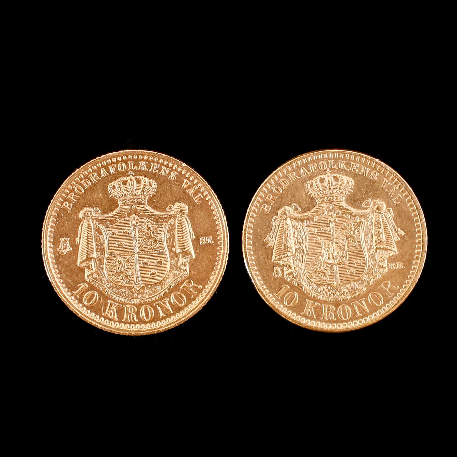 GULDMYNT, 2 st, Oscar II, 10 kronor, 1874 och 1901. Vikt ca 10 gram.