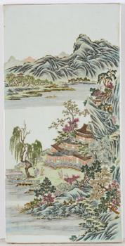 A set with four Chinese porcelain panels with a wooden frame, first half of 20th century.