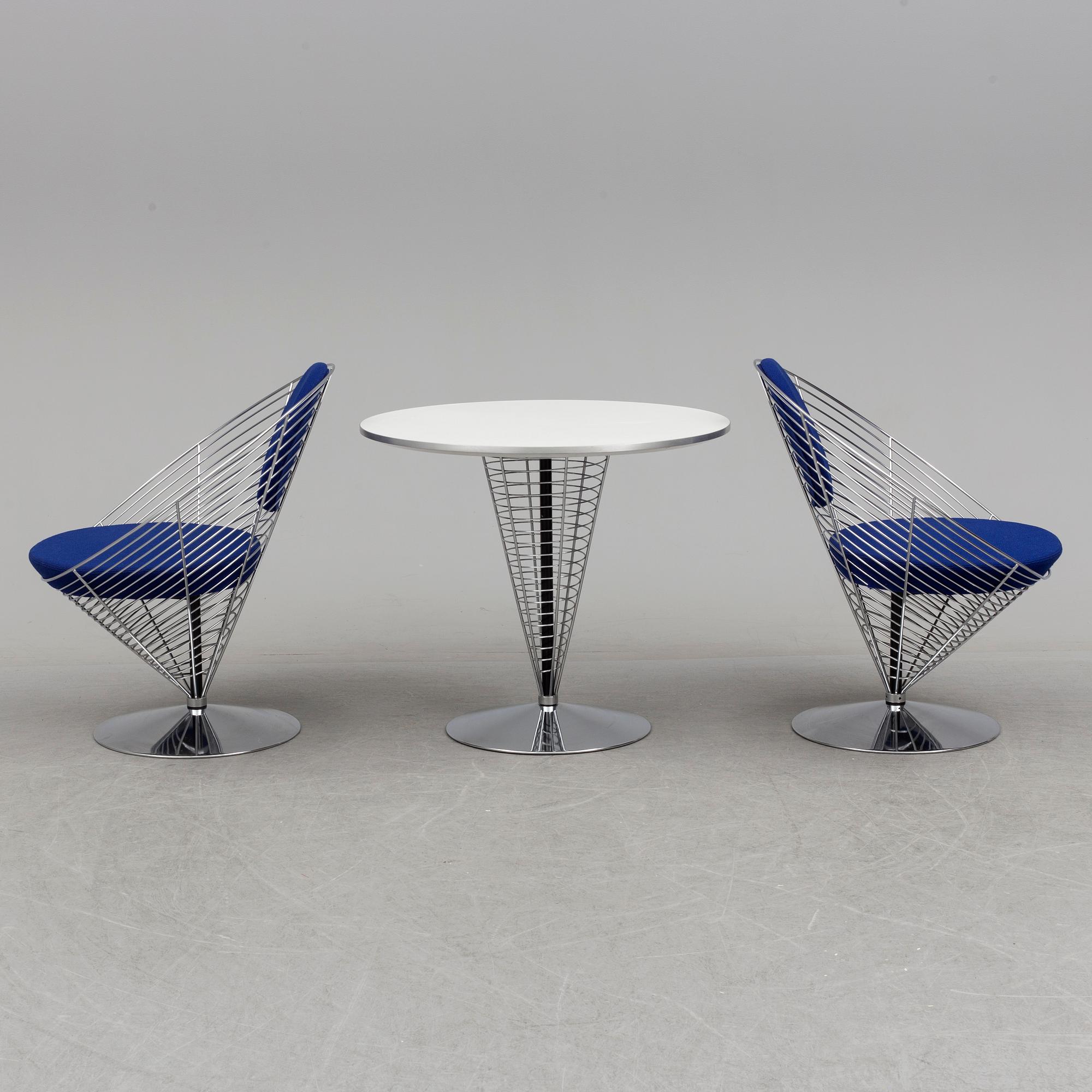 VERNER PANTON, PHILIPPE STARCK,  a set of two "Wire Cone" chairs and a table Fritz Hansen, late 20th century.