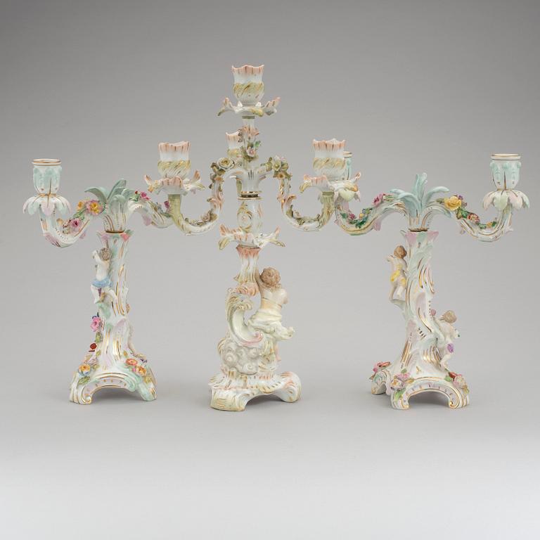3 porcelain candelabra, Sitzendorf & Dresden, 19th and 20th century.