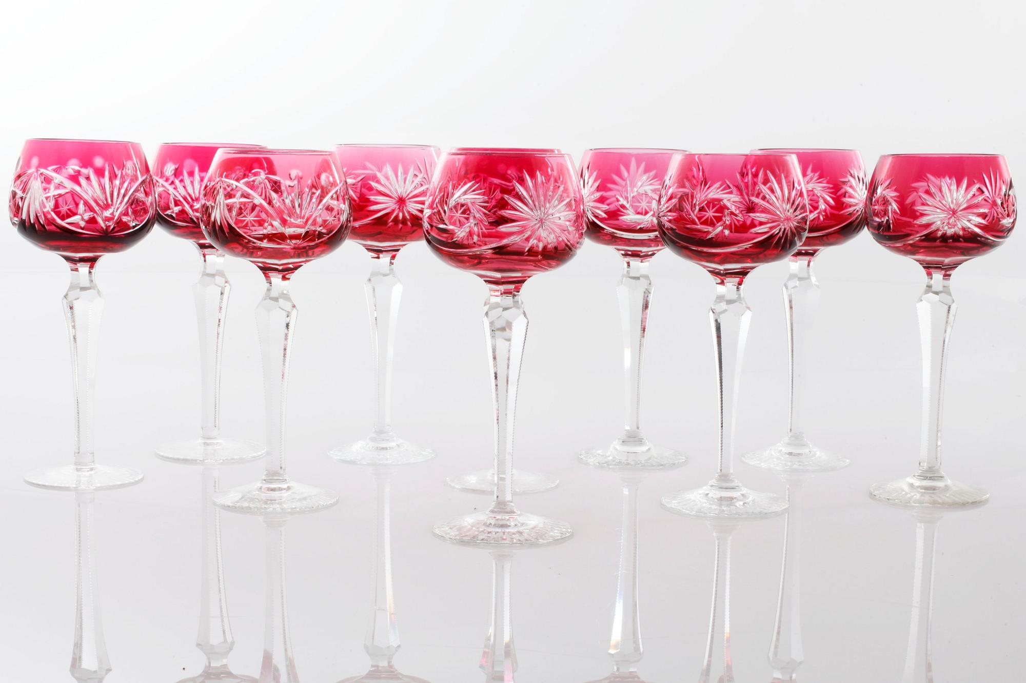 Ten bohemian style wine glasses, 20th century.