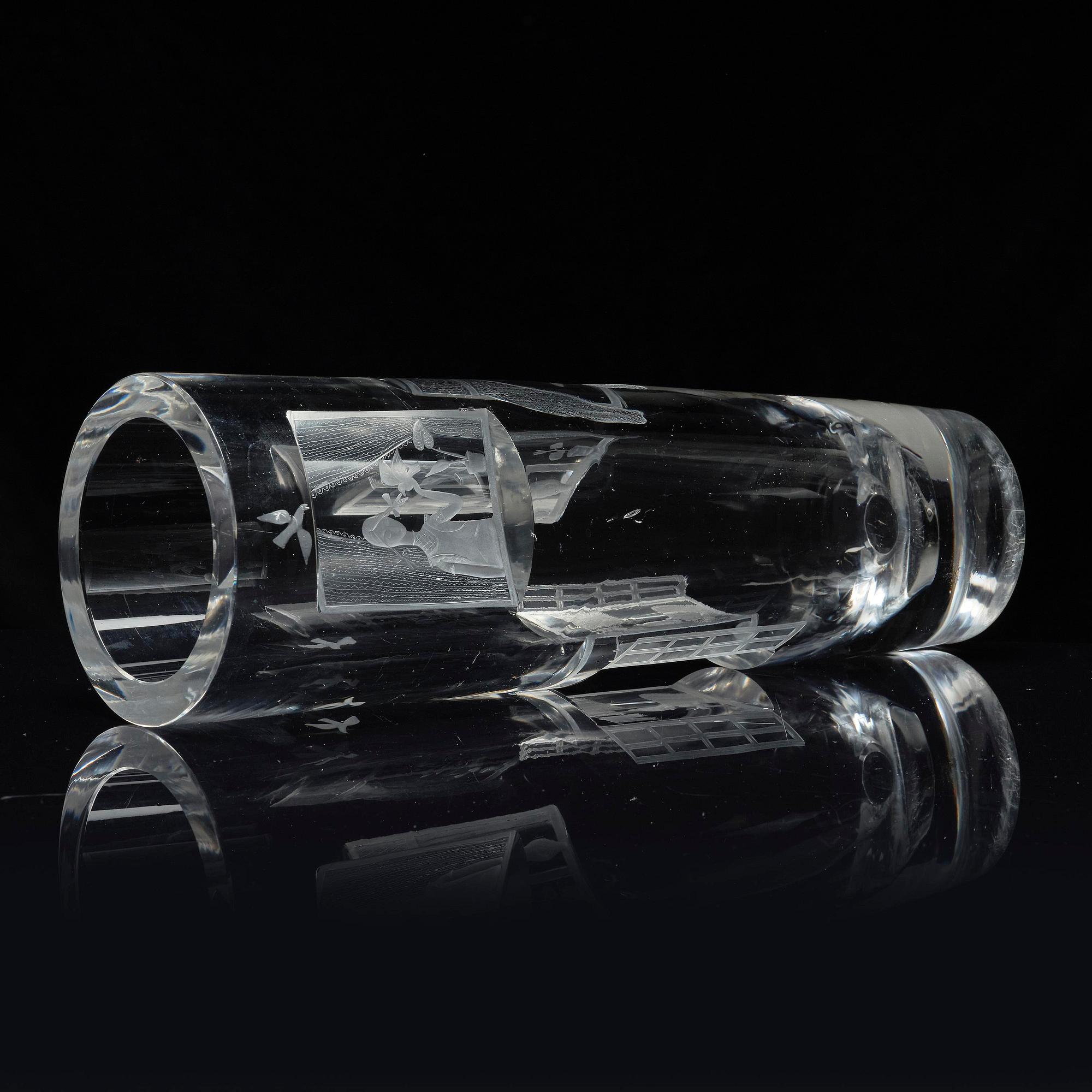 Tapio Wirkkala, a rare engraved "Finestra" glass vase, Iittala, Finland, 1947, model 3220, engraved by Theodor Käppi.