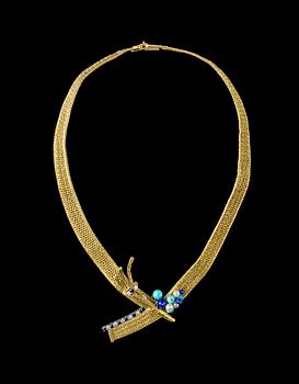 245. COLLIER, guld med diamanter, safirer, turkoser, sodalit och odlade pärlor. 1950-tal.