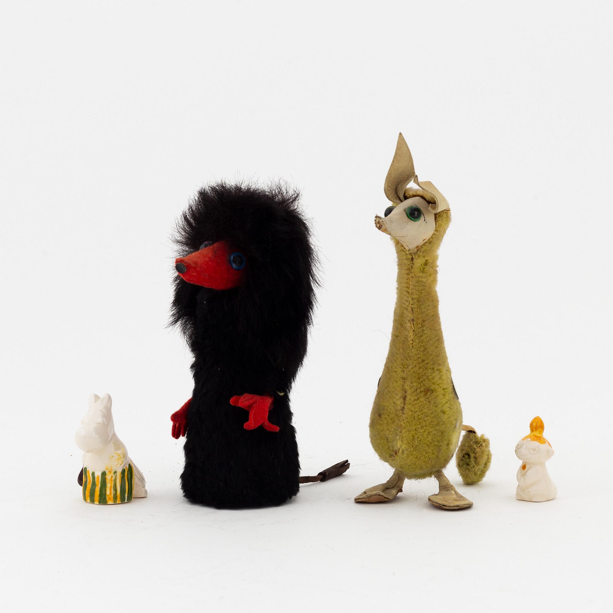 Atelier Fauni, two moomin figures, and two moomin porcelain figurines, Finland, 1950's/60's.