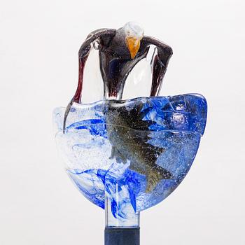 Kjell Engman, glasskulptur, mås och fisk i vågor, Kosta Boda.