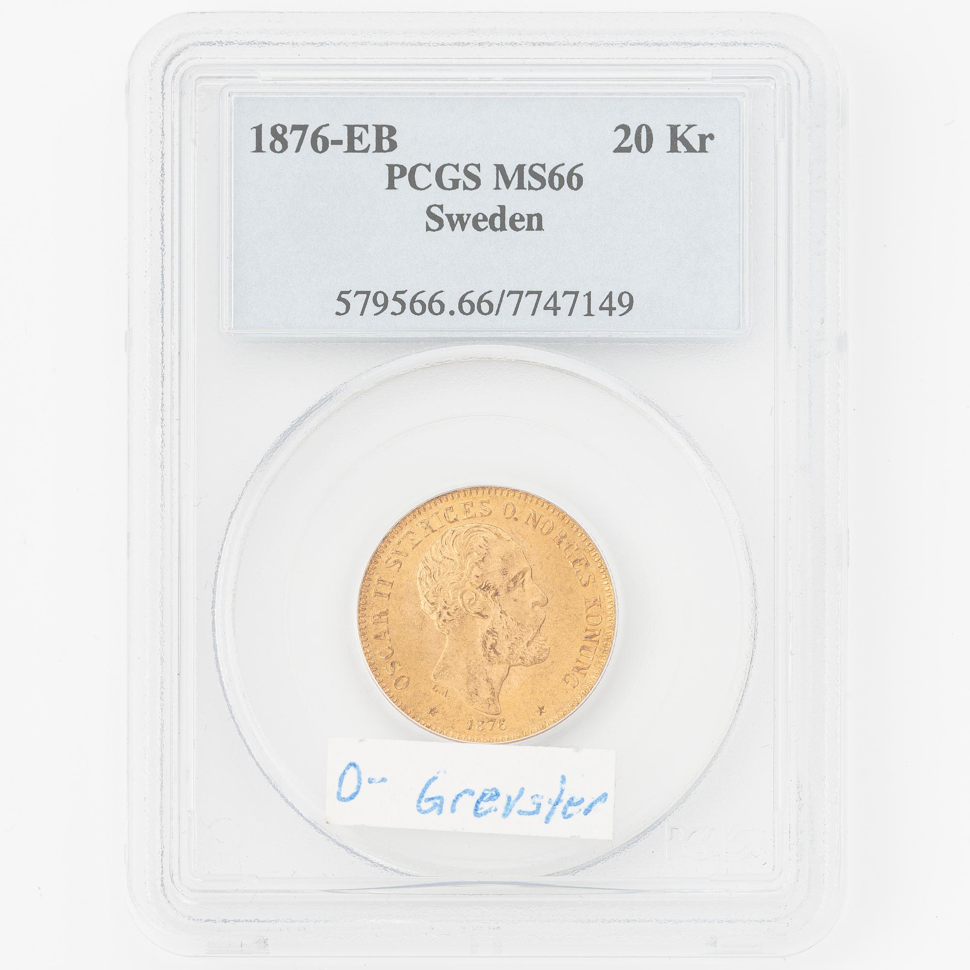 Gold coin, Oscar II, 20 kronor, type II, Sweden 1876.