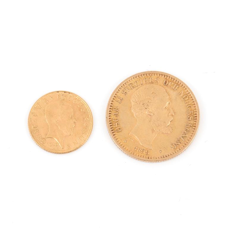 GULDMYNT, 20 kr resp 5 kr, Oscar II, Gustaf V, Sverige 1899 resp 1920. Tot ca 11 gram.
