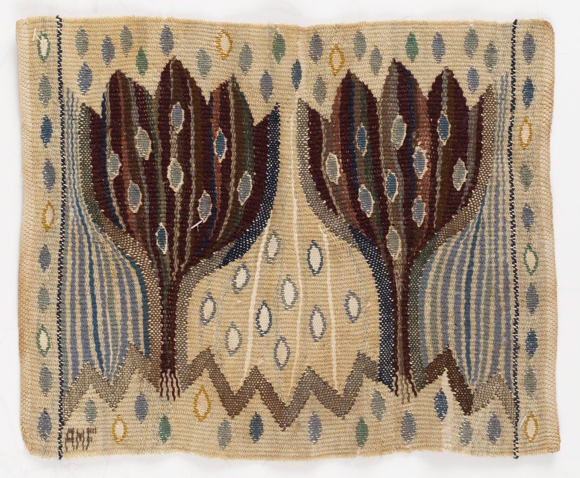 VÄVNAD, gobelängvariant. "Blå Crocus". 31,5x39 cm. Signerad AMF (Ann-Mari Forsberg, född Lindbom, för MMF AB).