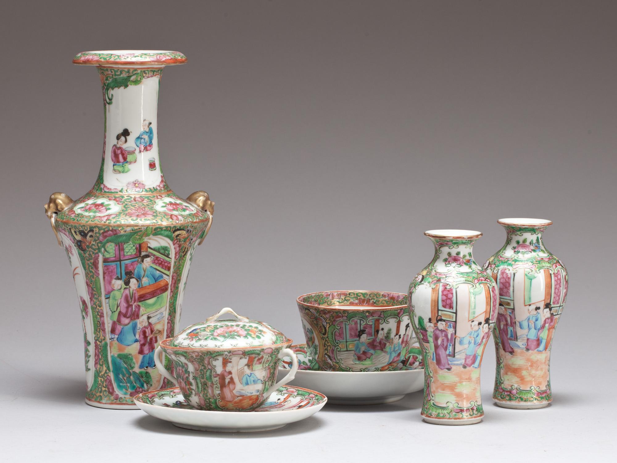 VASER, 3 st och KOPPAR med FAT, 2 st, porslin, Kanton, 1800/1900-tal.