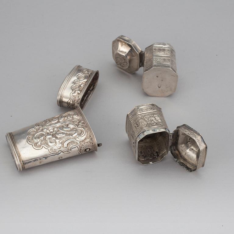 DOSOR MED LOCK, ett par & FODRAL, silver. Bl a Nederländerna, 1700-1800-tal. Vikt ca 82 gram.