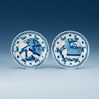1800. Two blue and white dishes, Qing dynasty, (Kangxi 1662-1722), with Chenghua six character mark.
