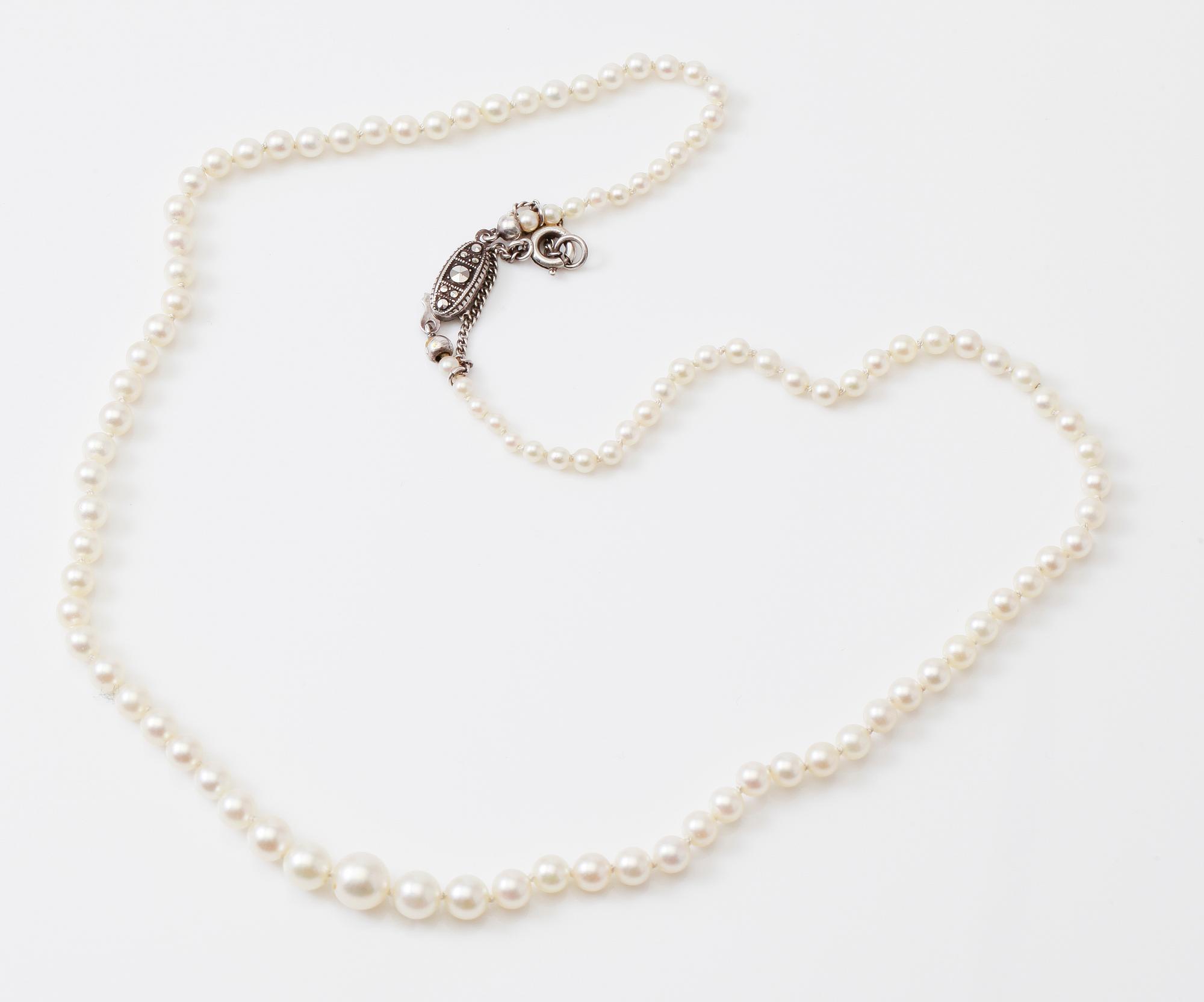 COLLIER, silver, markasiter och odlade pärlor, 1900-talets mitt.