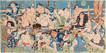 Katsukawa Shuntei II (?-1856), triptych, colour woodblock print. Japan, ca 1830. 'Celebrations'.