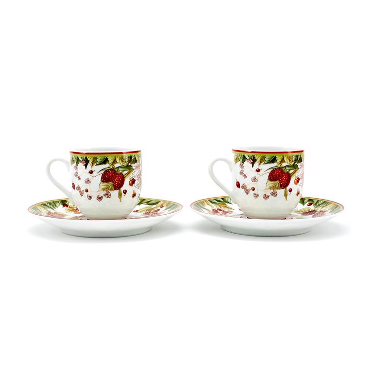 HERMÈS, two pairs of porcelain coffee cups on a platter, "Le Jardin de Pythagore".