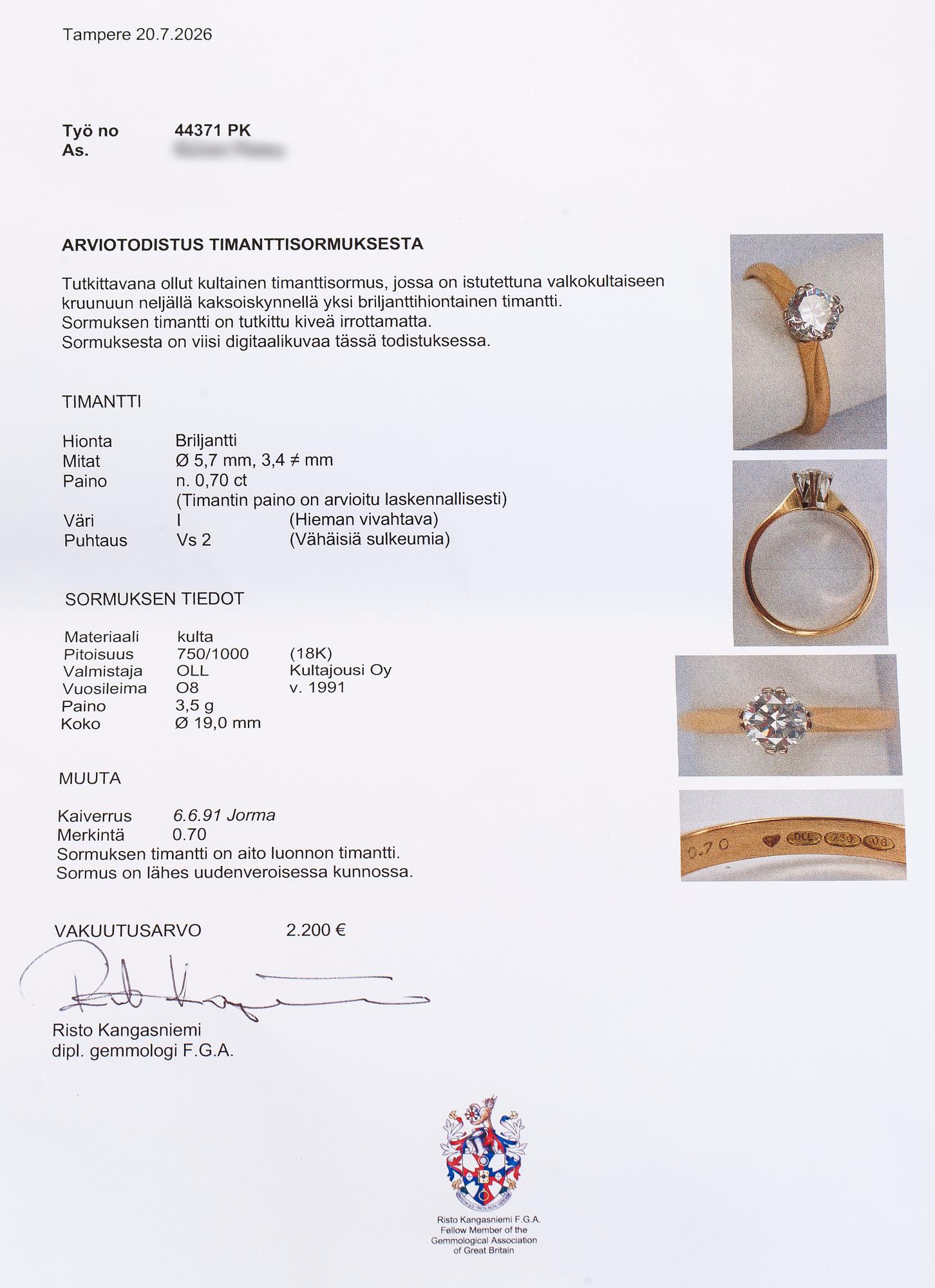 Sormus, briljanttihiottu timantti n. 0,70 ct, 18K kultaa, Kultajousi, Helsinki 1991.