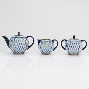 A 9-piece Lomonosov 'Cobalt Net' porcelain set for coffee and tea, USSR.