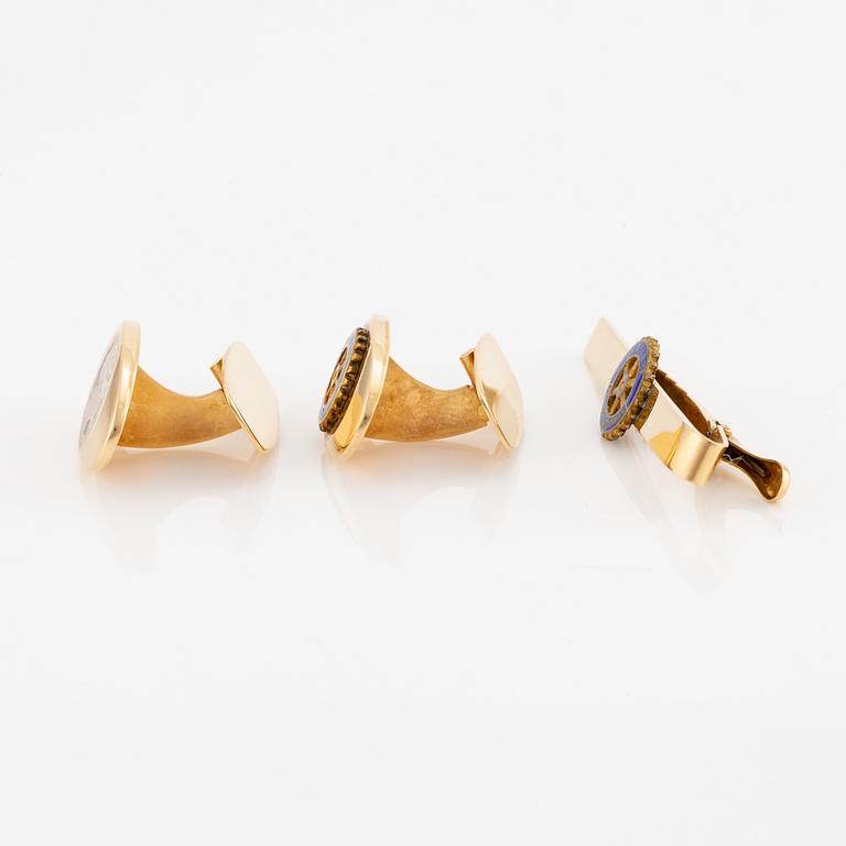 Ceson, manschettknappar och slipsnål, 18K guld och emalj.