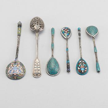 A set of six Russian silver and enamel spoons, around 1900 weight ca 195 gr.