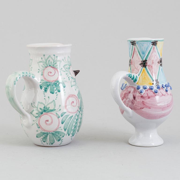 BJÖRN WIINBLAD two earthenware jugs with painted decor signed and dated 86 resp. 92.