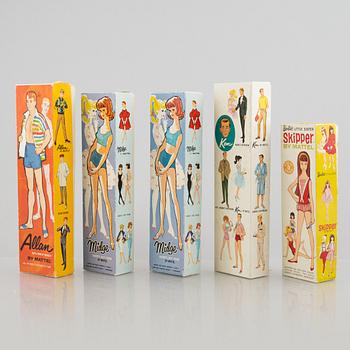 Barbiedockor, 5 st, bl a "Midge", "Skipper" & "Ken", Mattel, 1960-tal.