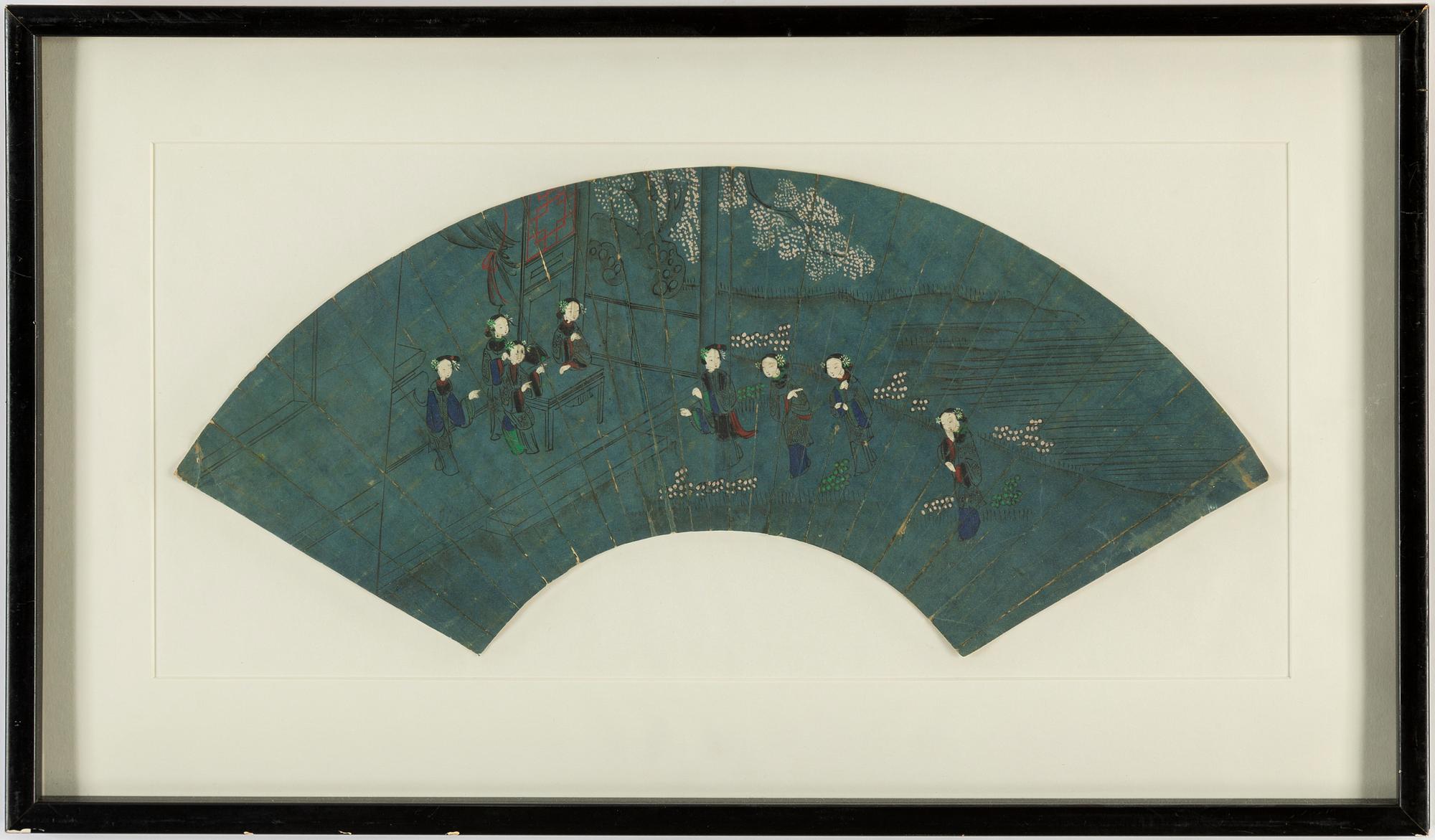 A Chinese fan shaped painting, ink and colour on paper, early 20th century.