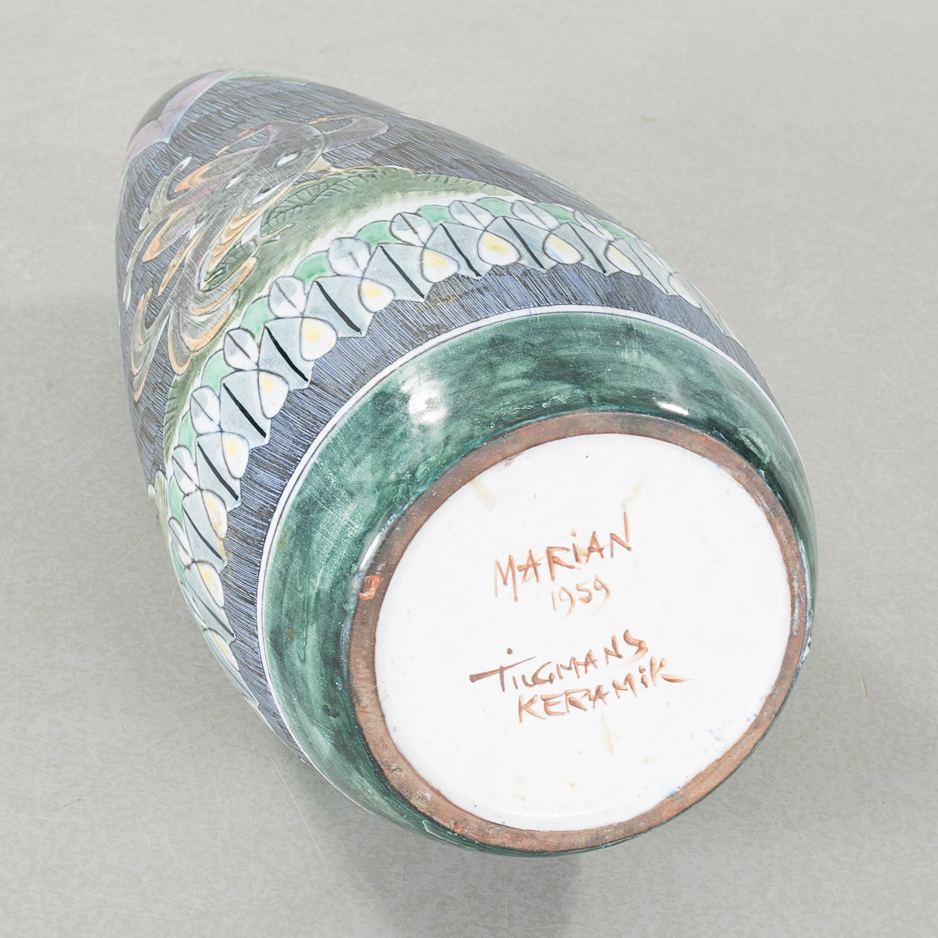 An earthenware floor vase by MARIAN ZAWADZKI for Tilgmans Keramik, signed Marian and dated 1959.