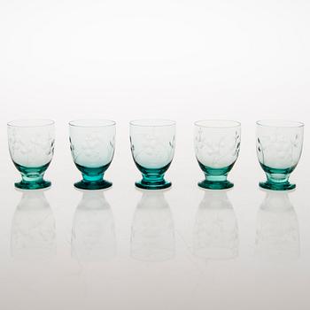 A set of five drinking glasses and a carafe from 1930s.