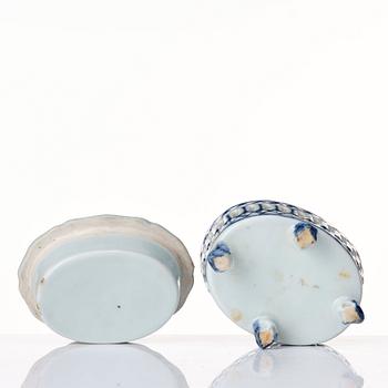 A blue and whtie reticulated salt with liner, Qing dynasty, 18th Century.