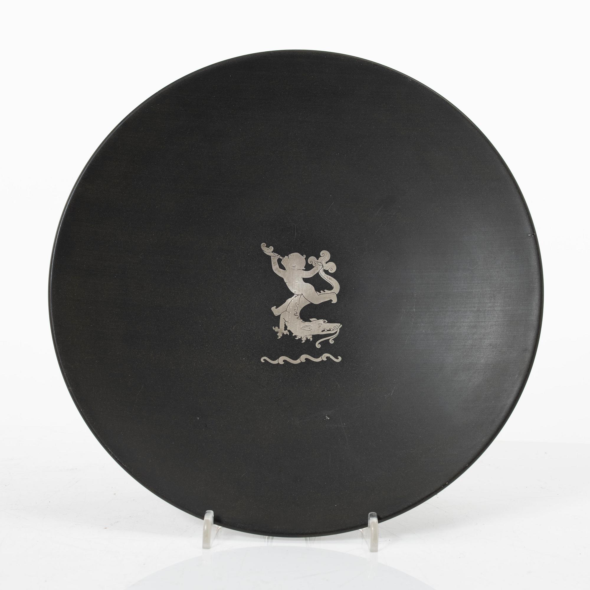 Five dishes, and one box with gaming chips, isolite with silver decor, Perstorp, Sweden, mid-20th century.