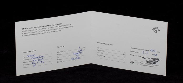 RING, guld 18K, briljantslipad diamant 0,22 ct, A. Tillander. Vikt 17 g. Intyg Tillander.