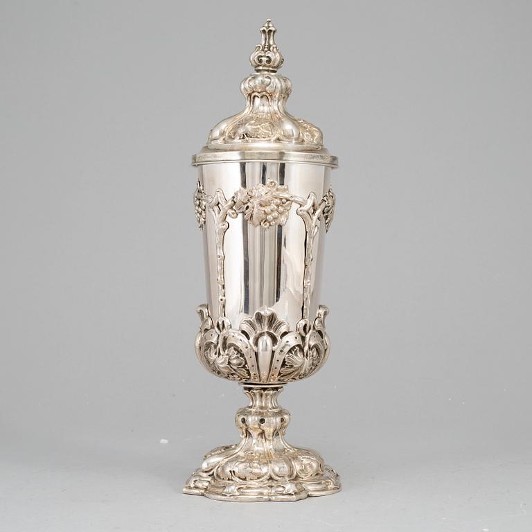 A German mid 19th century parcel-gilt silver cup and cover, marked Fürth.