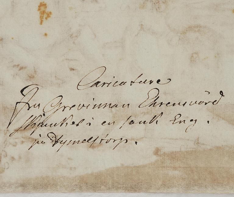 Johan Tobias Sergel, "Caricature Fru Grevinnan Ehrensvärd Insjunker i en sank Eng på Dymelstorp".