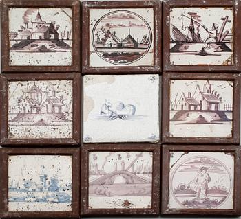 KAKELPLATTOR/FLIS, 9 st, lergods, 1700-tal.