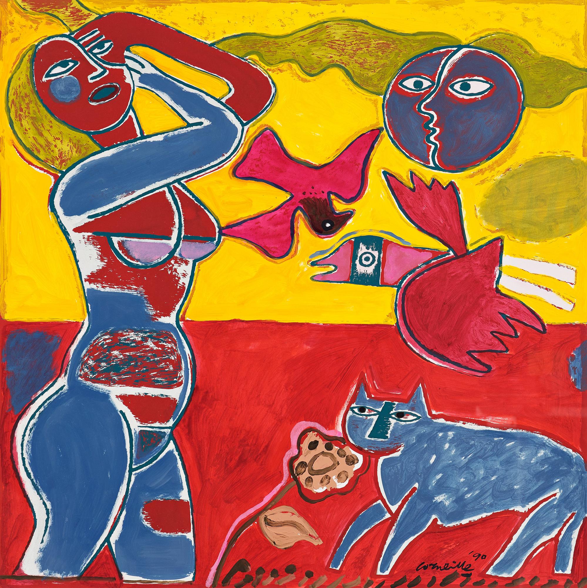 Beverloo Corneille, BEVERLOO CORNEILLE, Gouache, acrylic, mixed media and painted print on paper, signed Corneille and dated -90.