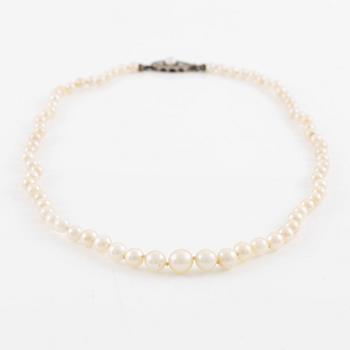 Pearl necklace, with graduated cultured pearls, clasp in gold set with brilliant-cut diamonds and a pearl.