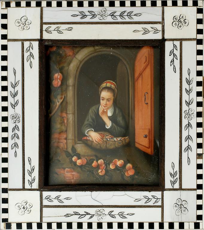 MINIATYRER, ett par, gouache, efter Gerard Dou och Nicolaes Maes, omkring 1900.