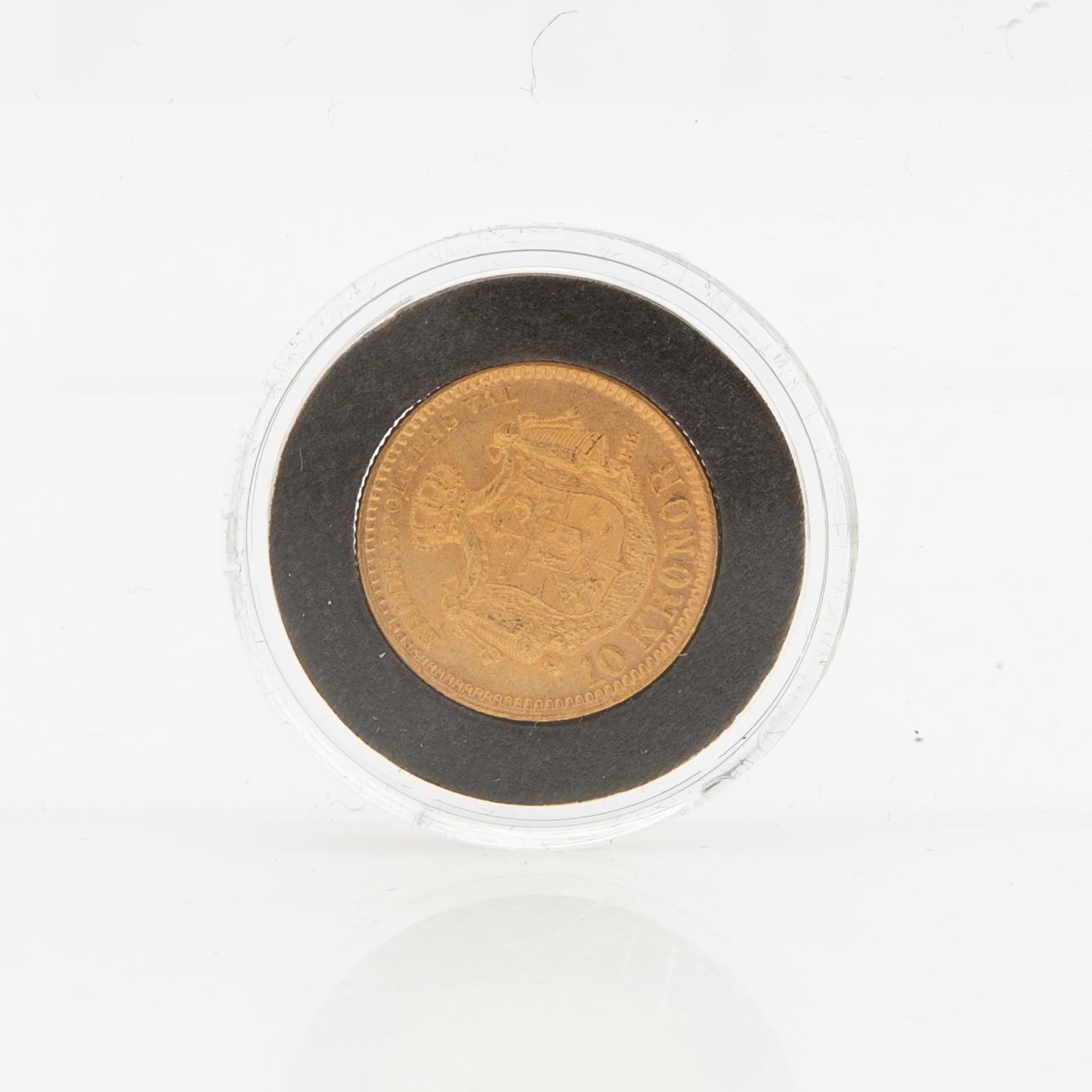 Guldmynt Sverige, Oscar II 10 kr, 1883, stort LA utan punkter.