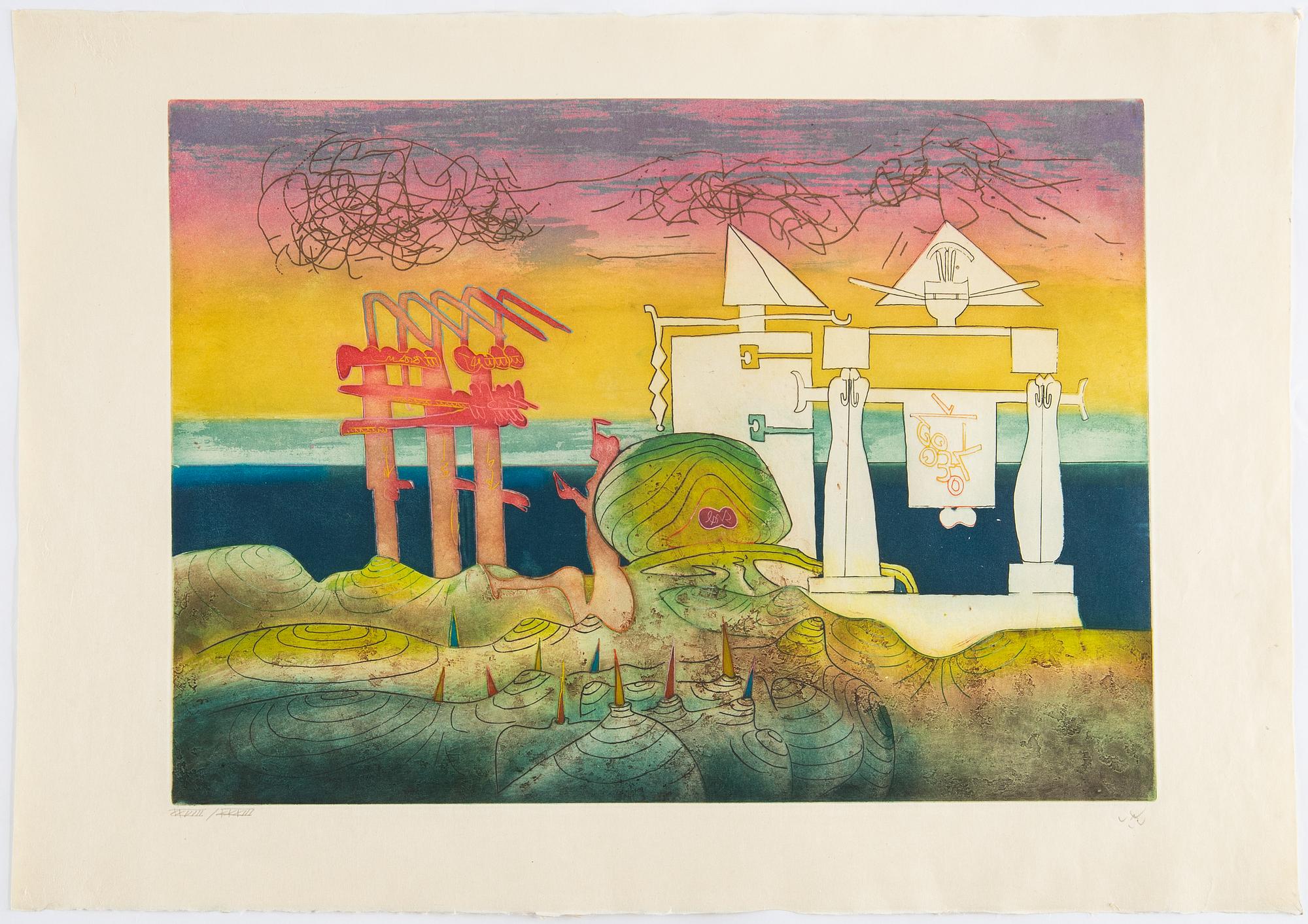 Roberto Matta, portfölj med 9  färgakvatinter (av ursprungligen 10), 1975, samtliga signerade och numr XXIIIV/XXXII.