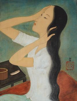 1031. Mai Trung Thứ (1906-1980), Vietnam. Tusch och färg på siden. "La toilette", signerad.