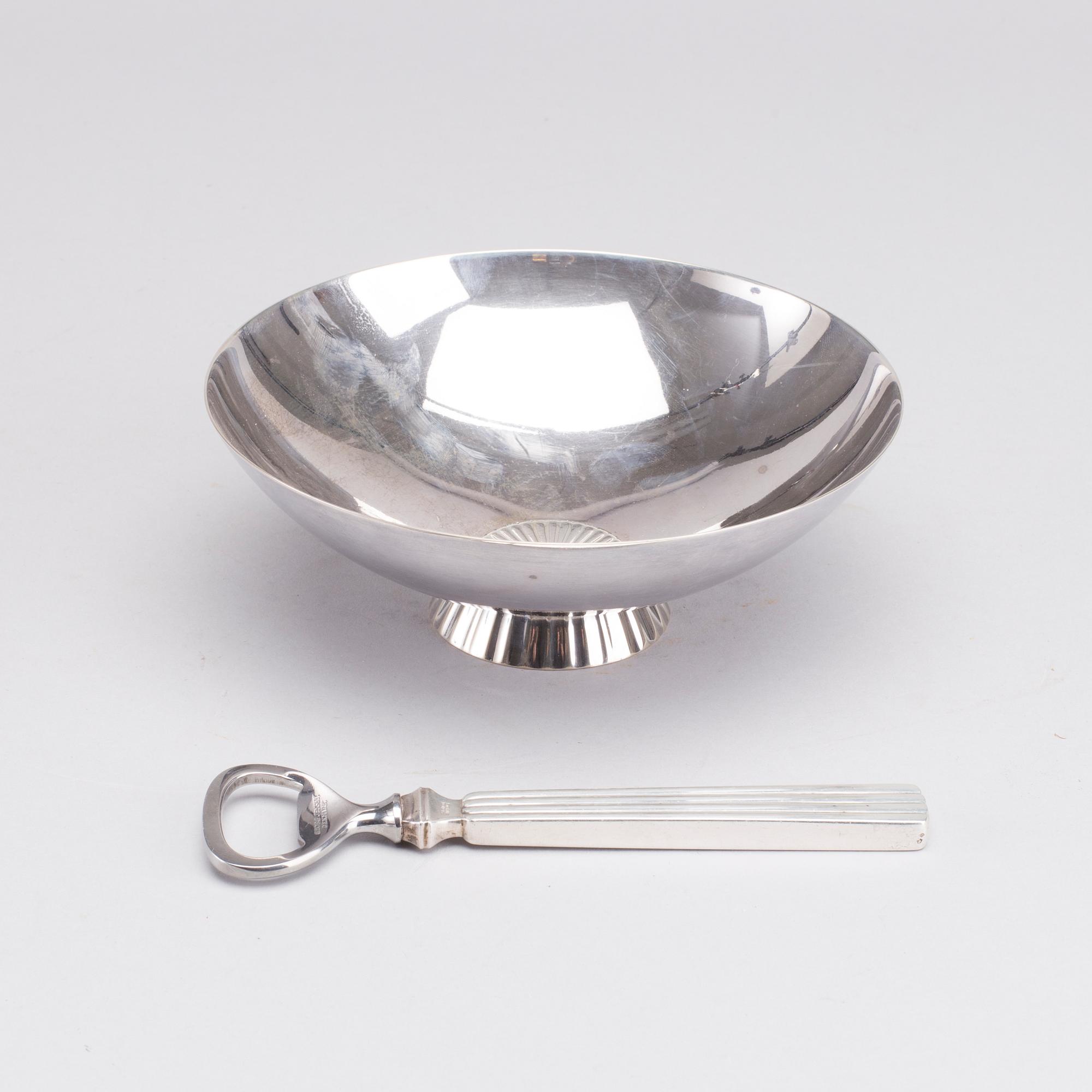 A Danish 20th century set of sterling silver bowl and opener, mark of S Bernadotte and G Jensen, weight ca 315 gr.
