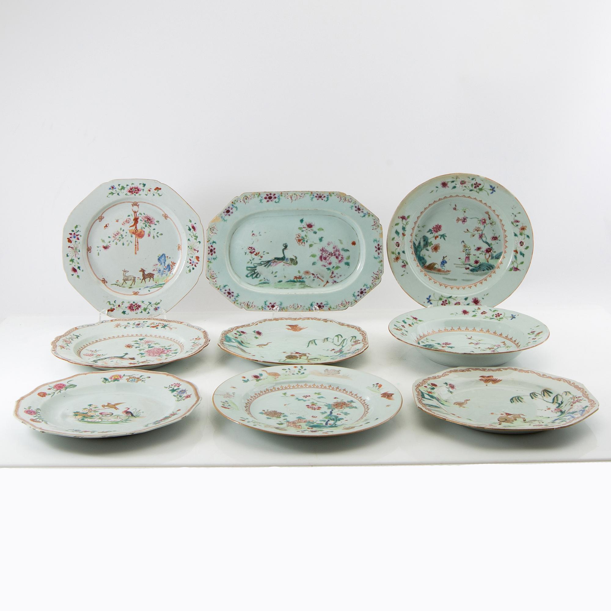 Plates 8 pcs and a serving dish similar China 18th century porcelain.