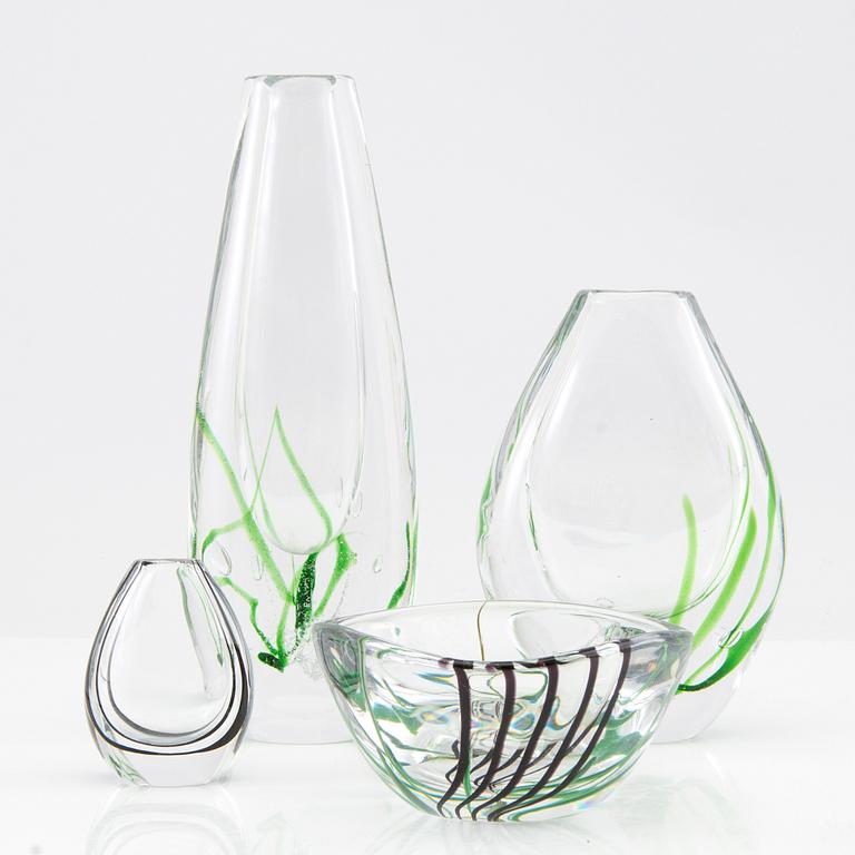 Vicke Lindstrand, vases 3 pcs and bowl "Seaweed" Kosta.