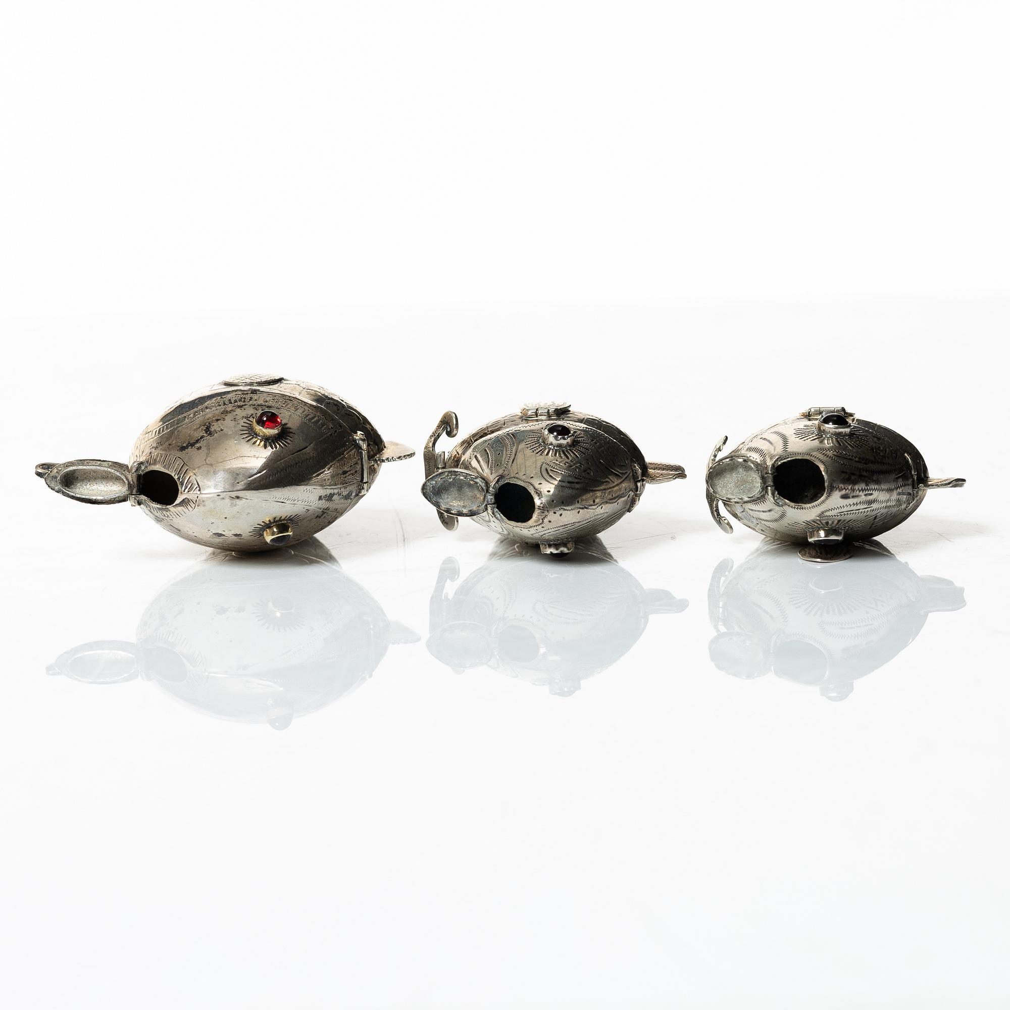 A set of three silver table decorations/boxes, 19th Century.