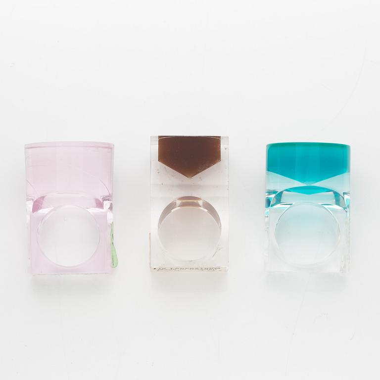 Siv Lagerström, three acrylic plastic rings. Engraved works from the 1970s.