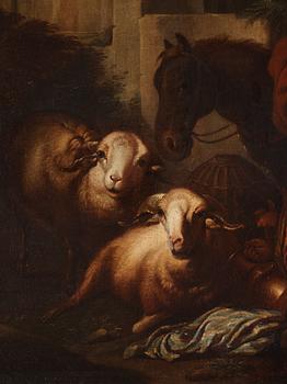 Philipp Peter Roos (Rosa di Tivoli) Follower of, Archaic landscape with livestock.