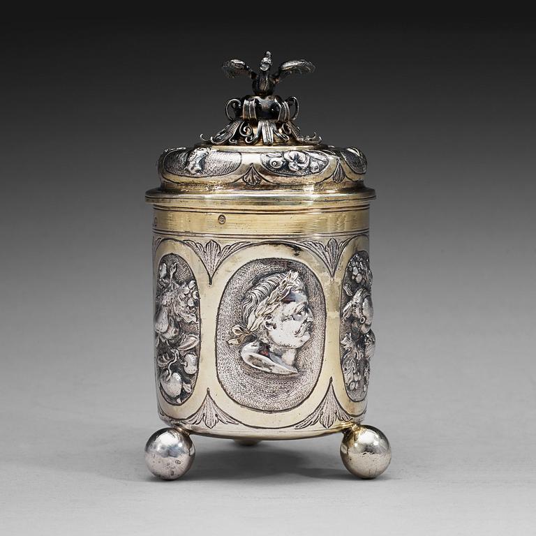 A German late 17th century parcel-gilt beaker and cover, marks of Jacob Pfaff, Nürnberg (1677-1708).