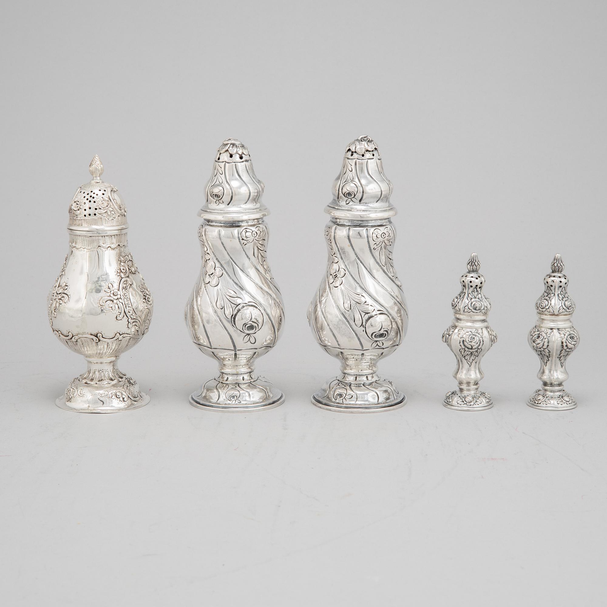 2+2+1 rococo style silver sugar shakers, Swedish import mark.