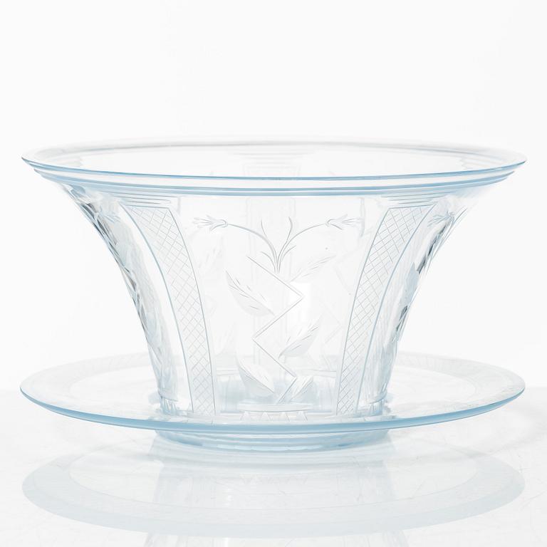 Edward Hald, skål på fat, glas, Orrefors 1930.