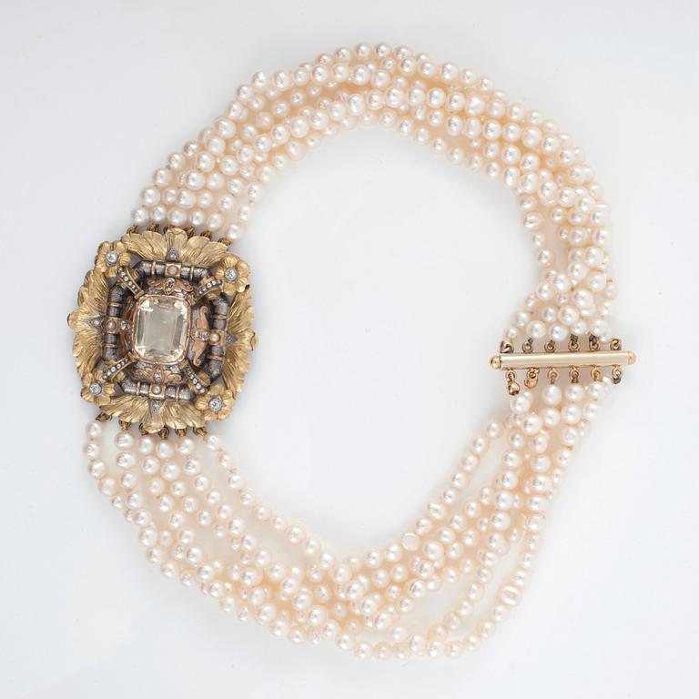 A six-strand cultured freshwater pearl, citrine and old-cut diamond necklace.