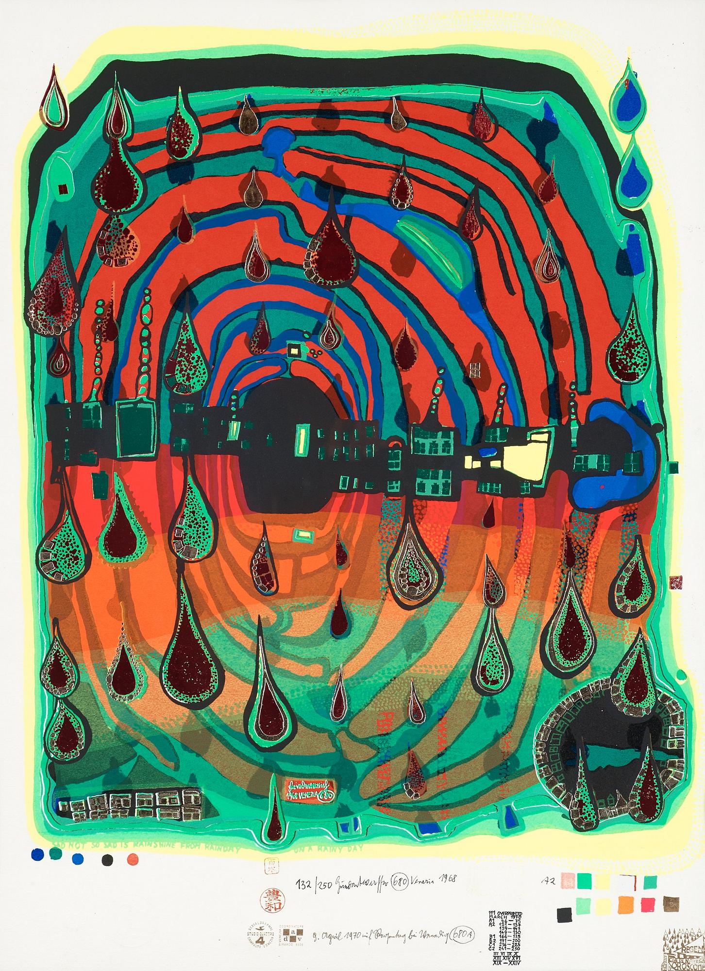 Friedensreich Hundertwasser, "Sad not so sad is rainshine from Rainday on a rainy day".